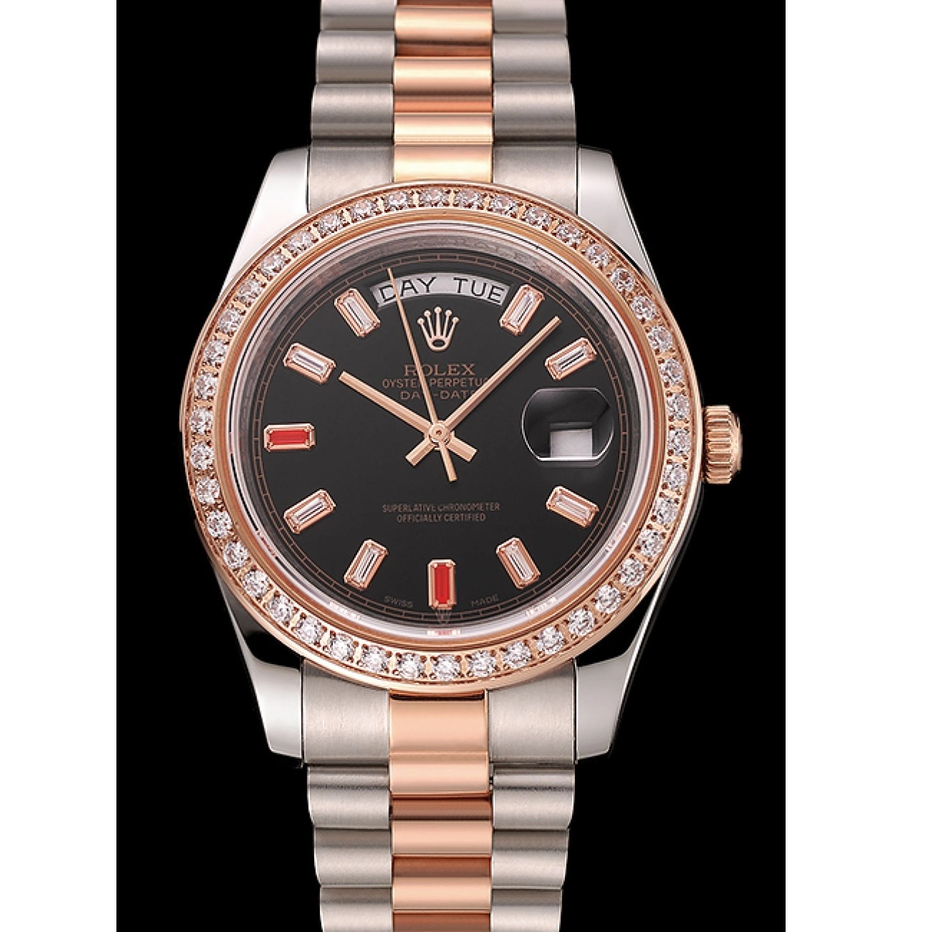 Good copy rolex watches Black Bracelet Swiss And And Diamonds Day-Date Rose Rubies Steel Gold Rolex 1454106 Staineless Dial 0803